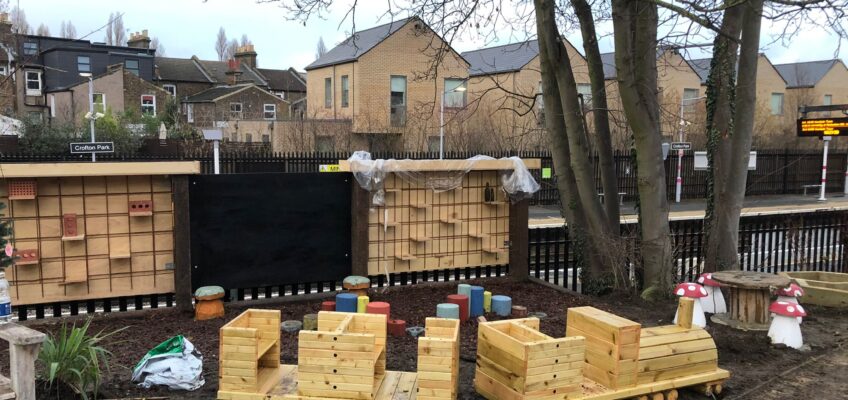 A view of the bug zone, halk board, bug wall and train